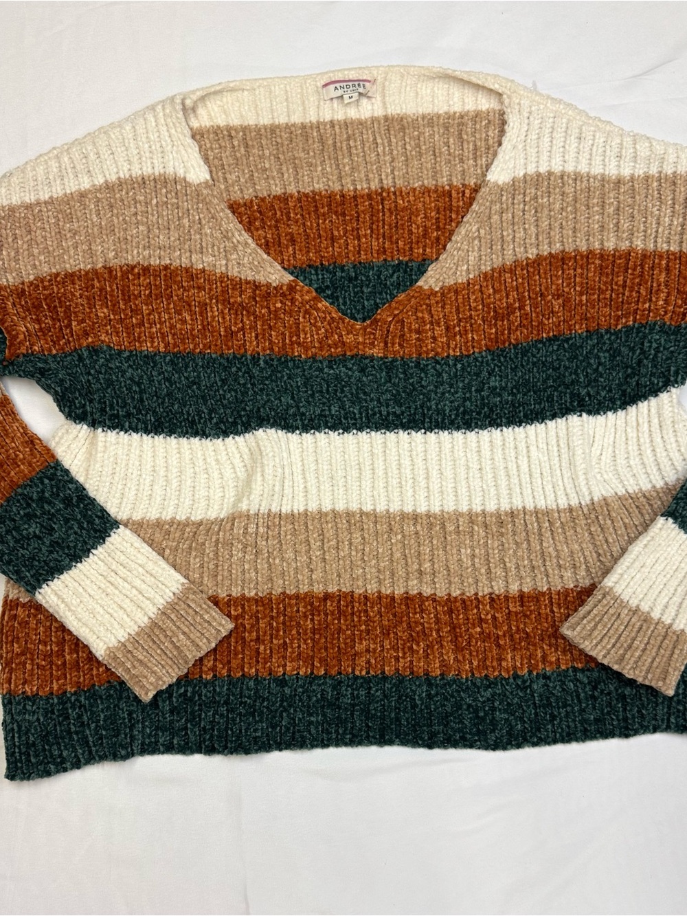 ANDREE BY UNIT Cream, Tan, Rust & Deep Green Striped V-Neck Sweater
